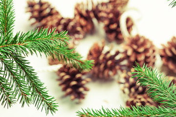 Soft focussed Christmas decoration on a white background. Cones and fir. Could be used as a background. Celebration on winter holidays Christmas and New Year. 