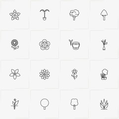 Plants line icon set with flower, tree and decorative plants