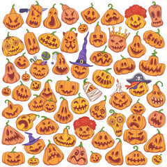 Fototapeta premium Jack-o'-lantern doodle set. Halloween carved pumpkins cartoon style vector illustration isolated on white background.