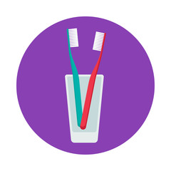 Toothbrush in transparent glass vector illustration isolated on purple background. Hygiene and teeth care elements in modern flat style. Brushing teeth concept.