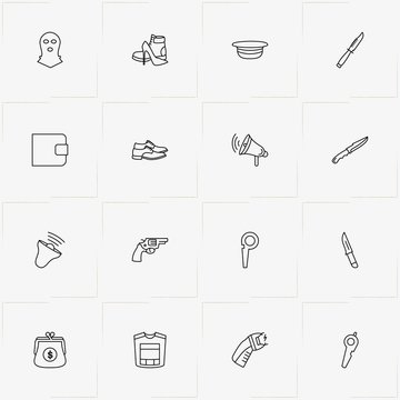 Police line icon set with loudspeaker, wallet and gun