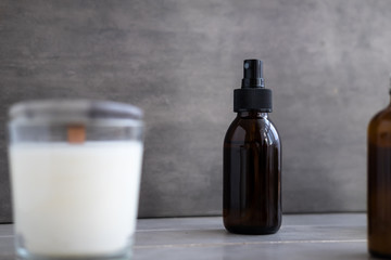 Organic spa cosmetics in brown glass bottles