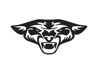 Black lioness face roaring on white background. Wild aggressive animal head as logo or mascot. Stylized tattoo, graphic image. Vector isolated