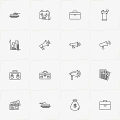 Politic line icon set with case, panzer and tribune