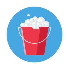 Cleaning bucket with soap bubbles flat icon isolated on blue background. Simple cleaning bucket sign symbol in flat style. Cleaning and washing Vector illustration for web and mobile design.