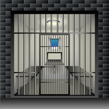 prison cell. Jail interior room interior with window grille and furniture.