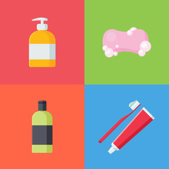 Set of hygiene items in flat style isolated on colorful background. Collection of Soap, liquid soap, Toothbrush with toothpaste and Shampoo vector illustration. Care and clean, bathroom objects.