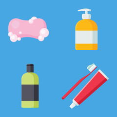 Set of hygiene items in flat style isolated on blue background. Collection of Soap, liquid soap, Toothbrush with toothpaste and Shampoo vector illustration. Care and clean, bathroom objects.