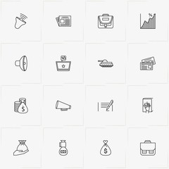 Politic line icon set with loudspeaker, percentage graph and money bag