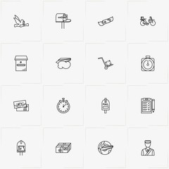 Post Service line icon set with parcel, post service trolley  and mail envelope