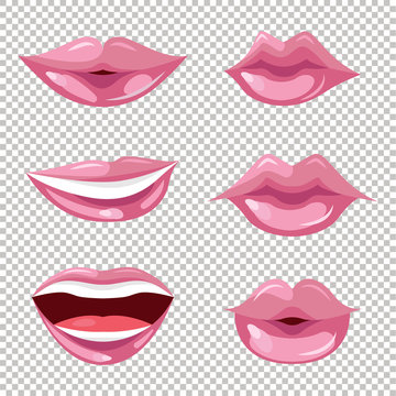 Set of women lips with trendy pink lipstick colors. Shiny lip gloss. Vector illustration for web, makeup booklet and posters, fashion and beauty prints.