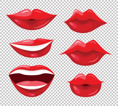Set of women lips with trendy red lipstick colors. Shiny lip gloss. Vector illustration for web, makeup booklet and posters, fashion and beauty prints.