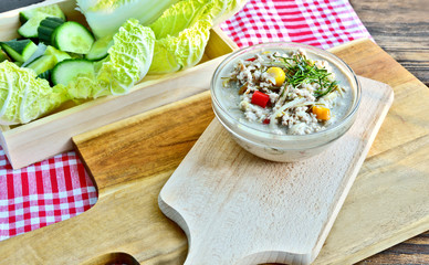 Thai food diet menu. .Herbed pickled fish with Minced Shrimp and Pork in Coconut Milk served with Fresh Vegetables (Thai name is Pha ra  Lone)