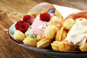 Hong Kong style egg waffle on wooden board. bubble waffle