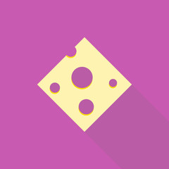 Cheese flat icon with long shadow isolated on purple background. Simple Cheese in flat style, vector illustration for web and mobile design. Breakfast elements vector sign symbol.