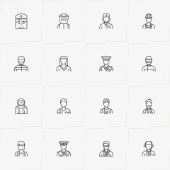 Professions line icon set with call center, girl  and nurse