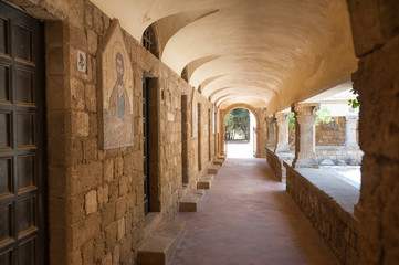 Monastery of Filerimos, Rhodes Island, Greece. Open colonnade with mosaic picture.