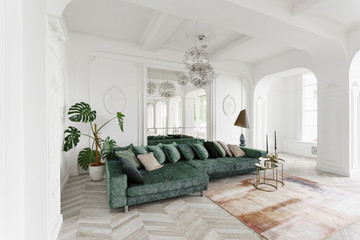 Morning in luxurious light interior in the Baroque style. Bright and clean interior design of a luxury living room with parquet wood floors, fireplace, sofa and houseplant. Stucco on walls