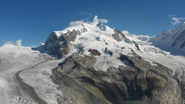 Aerial view of the Monte Rosa Alps with the Dufourspitze, the highest mountain in Switzerland in Zermatt
