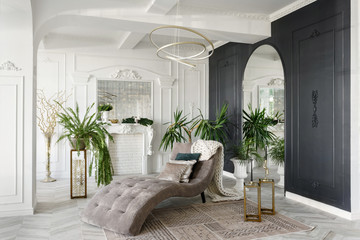 Morning in luxurious light interior in the Baroque style. Bright and clean interior design of a...