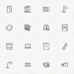 Reading line icon set with newspaper, book and table lamp
