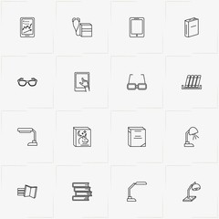 Reading line icon set with table lamp , books and spectacle