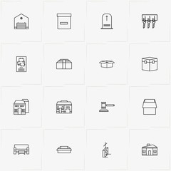 Real Estate line icon set with sofa, house and christian grave