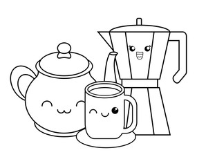 kawaii coffee maker and cookies over white