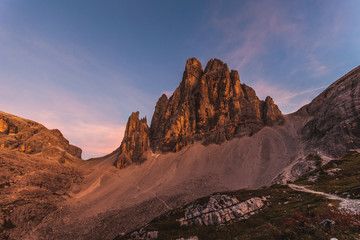Awesome sunset on beautiful Dolomite mountain causing enrosadira effect, South Tyrol, Italy