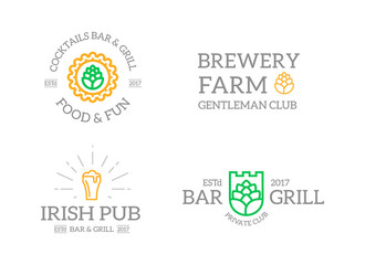 Set of retro vintage beer and alcohol, hop, mug logo or insignia, emblems, labels and badges and other branding objects. line style