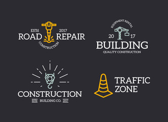 Set of retro vintage construction, traffic cone, crane hook, jackhammer logo or insignia, emblems, labels and badges and other branding objects. line style