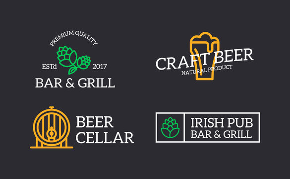 Set of retro vintage beer and alcohol, hop, barrel, mug logo or insignia, emblems, labels and badges and other branding objects. line style
