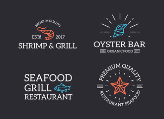 Set of retro vintage fish and seafood, shrimp, starfish, shell logo or insignia, emblems, labels and badges and other branding objects. line style