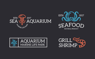 Obraz premium Set of retro vintage jellyfish and seafood, shrimp, coral, octopus logo or insignia, emblems, labels and badges and other branding objects. line style