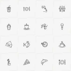 Restaurant line icon set with fish, cup of coffee and cup of tea