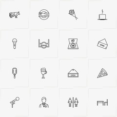 Restaurant line icon set with pizza , waiter and cow