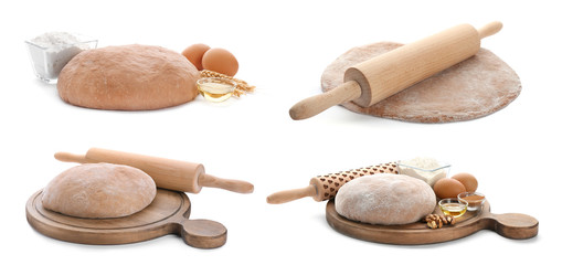 Set with raw rye dough on white background, top view