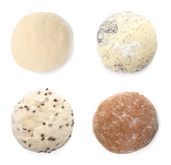 Set with different raw doughs on white background, top view