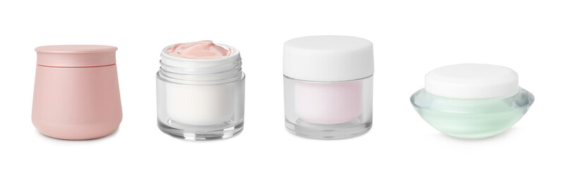 Set with different cosmetic products on white background