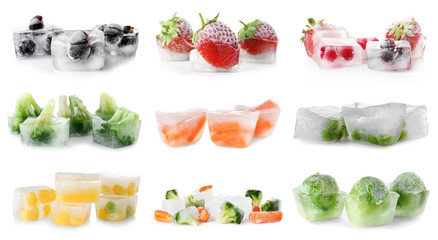 Set with vegetables and berries frozen in ice cubes on white background © New Africa