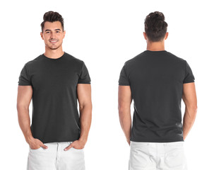 Young man in blank black t-shirt on white background, front and back views. Mock up for design