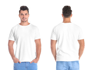 Young man in blank t-shirt on white background, front and back views. Mock up for design