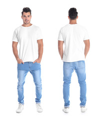 Young man in blank t-shirt on white background, front and back views. Mock up for design