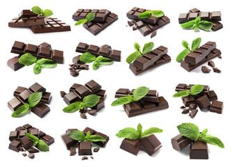 Set with delicious chocolate and mint on white background