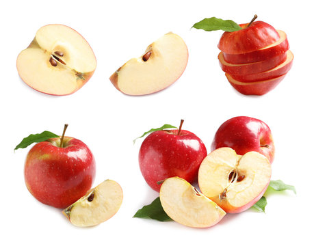 Set with delicious cut red apples on white background