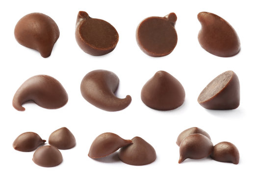 Set with delicious chocolate chips on white background