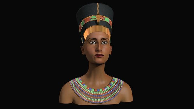 Nefertiti Queen of Egypt reconstruction - Rotating seamless loop - CGI Egyptian Pharaoh headdress gold necklace inspired by plaster bust, decoration, Makeup, black background 