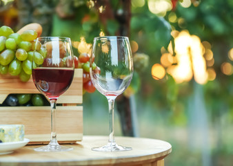 Wineglasses and crate with grapes on wooden table in vineyard