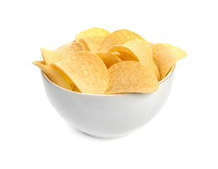 Fototapeta na wymiar Bowl of tasty crispy potato chips on white background