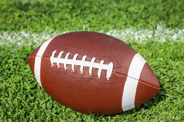 Ball for American football on fresh green field grass